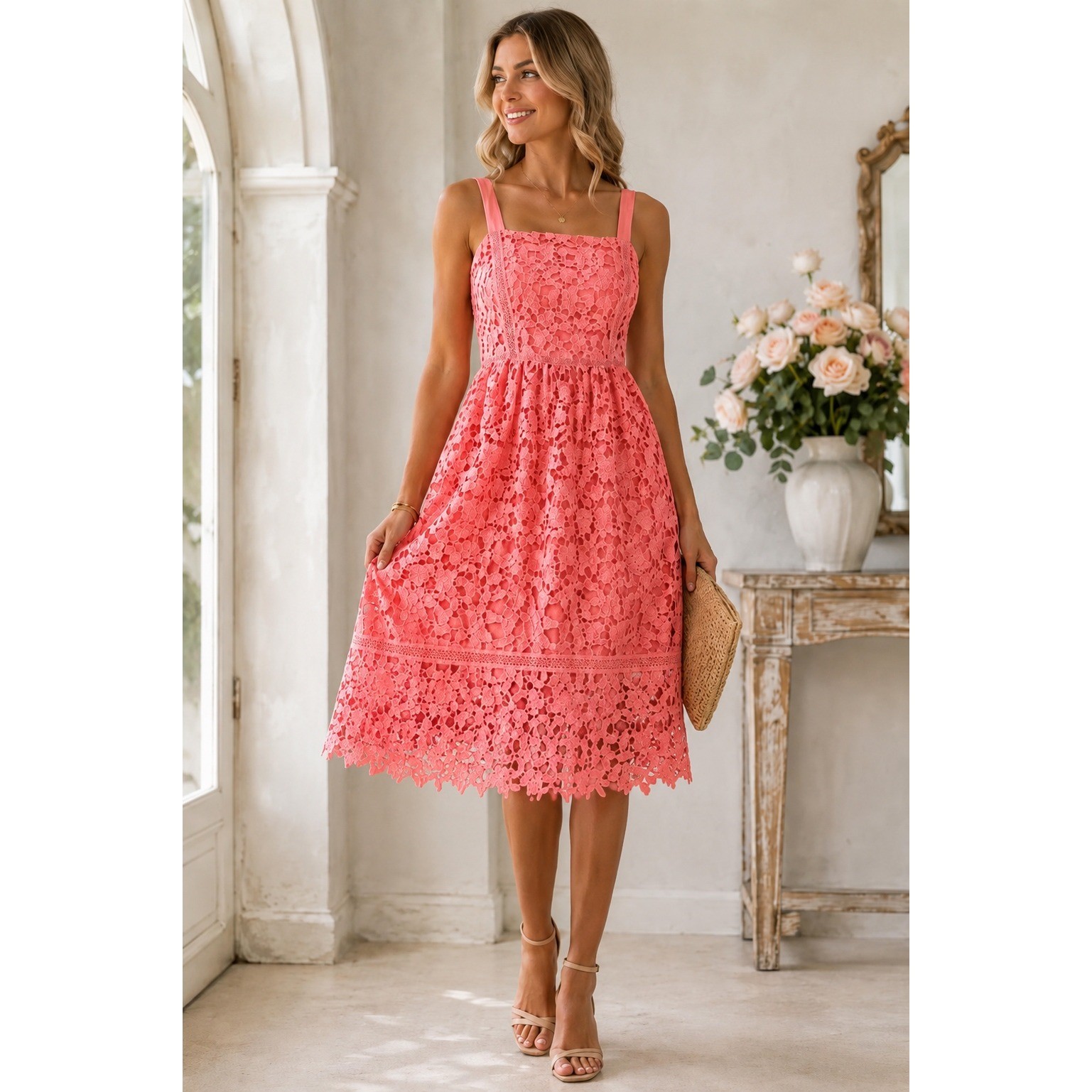 NWT Pink Lace Floral Eyelet Midi Dress Boho Garden Wedding Party Preppy Sz L