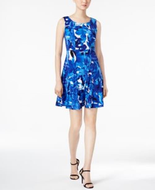CONNECTED Petites Floral Print Round Neck Sleeveless A-line Mini Dress, 4P Blue