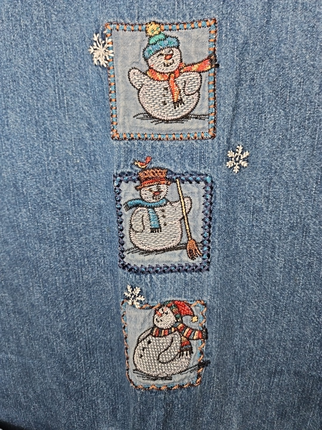 Bobble Brooks Blue Jumper Dress M Snowman Embroidered Button Granniecore Modest
