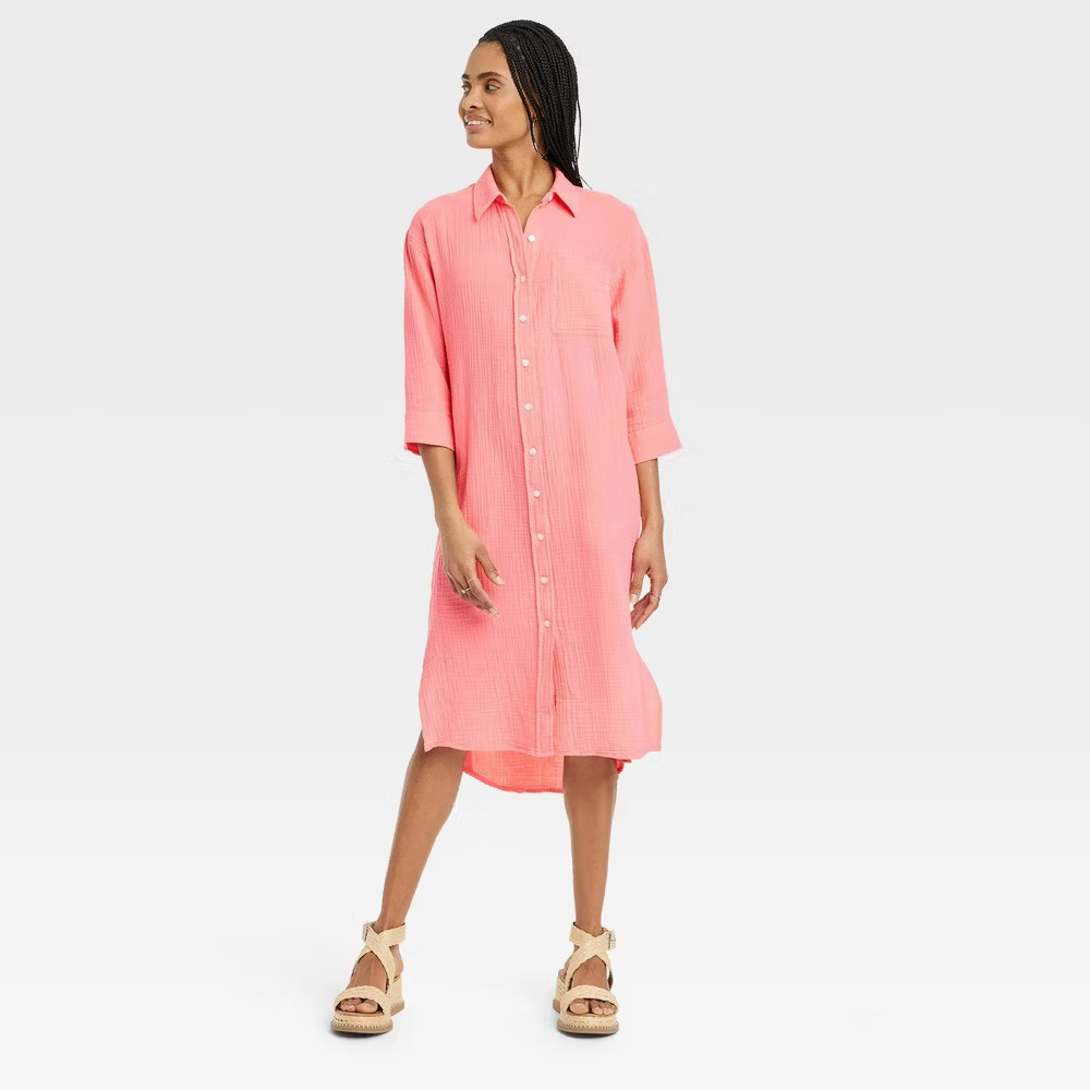 Universal Thread Women 3/4 Sleeve Midi Button Down Shirt Dress