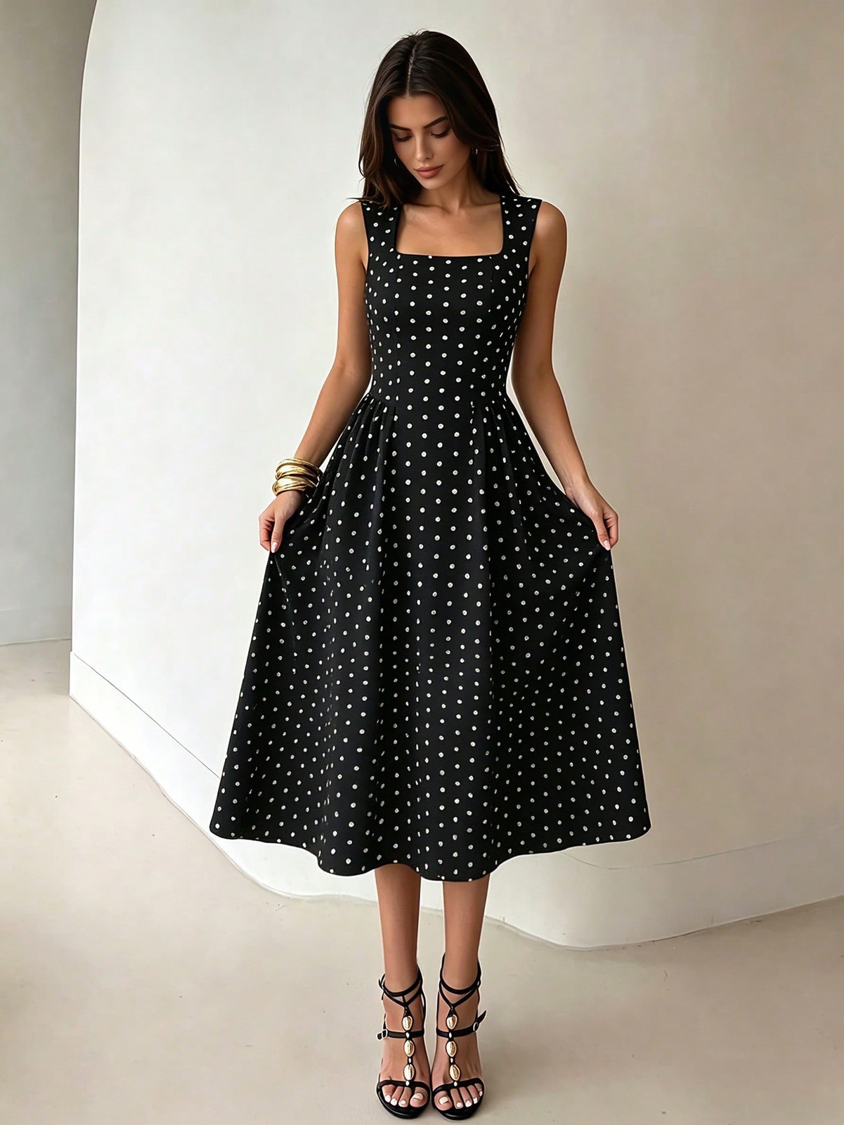 Elegant A Line Midi Dress for Women in Black