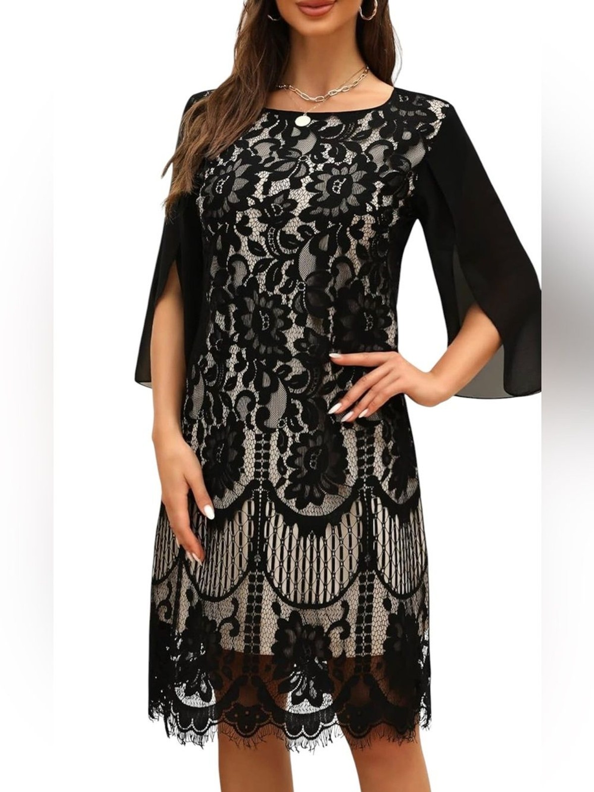 Cooan Lace Cocktail Dress Black and Cream Sheer Long Sleeve Womens Large. NEW.