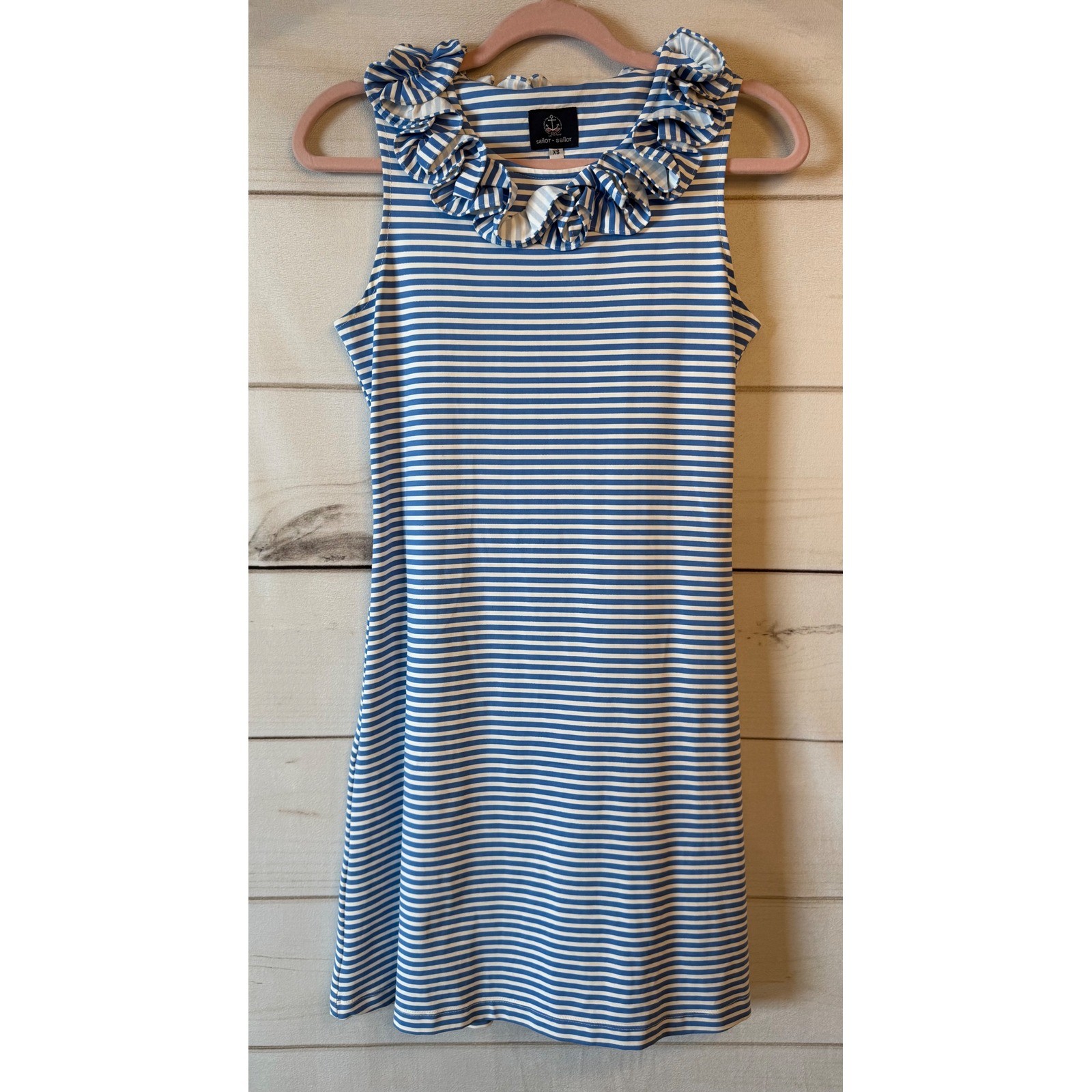 Sailor-Sailor Blue White Striped Ruffle Neck Sleeveless Shift Dress Womens XS