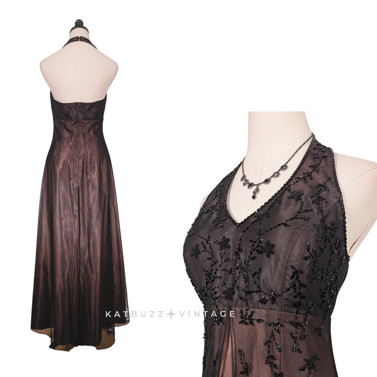 Vintage Halter Neck Ball Gown Brown Black Long Applique Lace Gothic Evening Gown