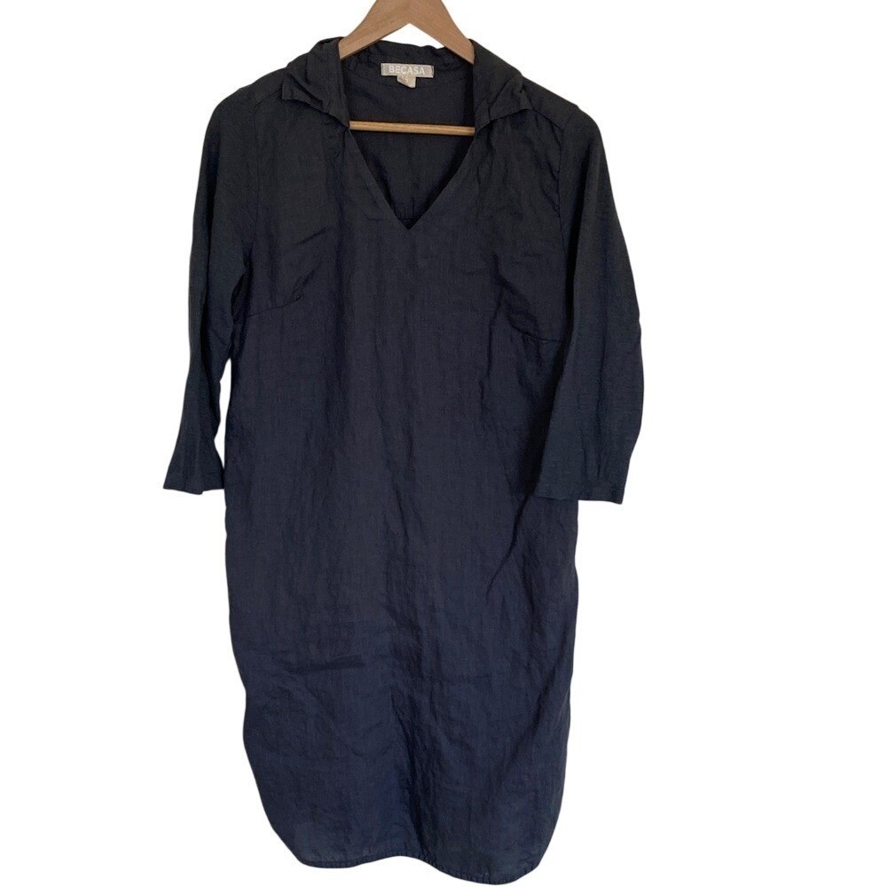 BECASA Women’s Dark Slate V-Neck Cotton Linen Tunic Dress Size Small Minimalist