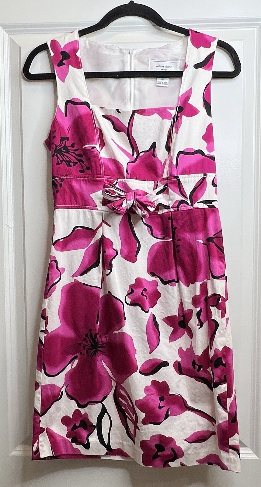 Willow Glenn NY Floral Sheath Dress 6P Pink White Cotton Bow Square Neck
