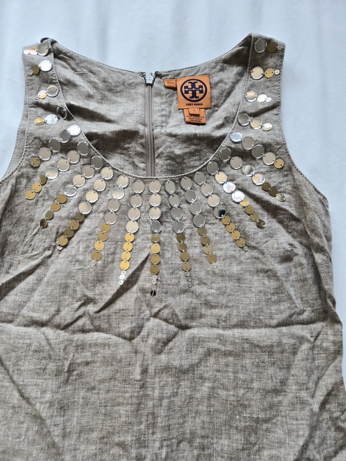 Tory Burch Cream Linen Contrast Stitching Mini Dress Size 0