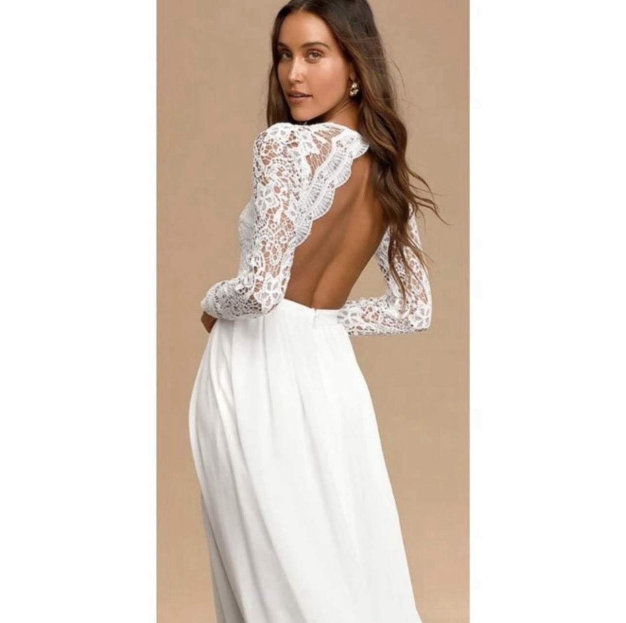Lulus White Solid Lace Polyester V-Neck Long Sleeve Maxi Dress Double Lined S