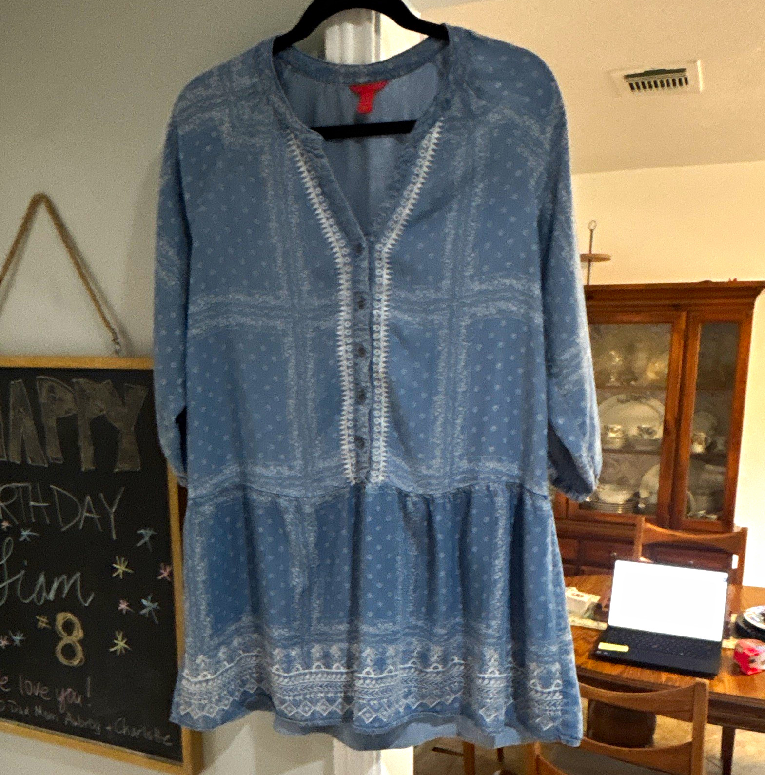 C. by Chelsie Violet Blue Paisley Shift Dress/Top 3/4 Bell Sleeve V-Neck M
