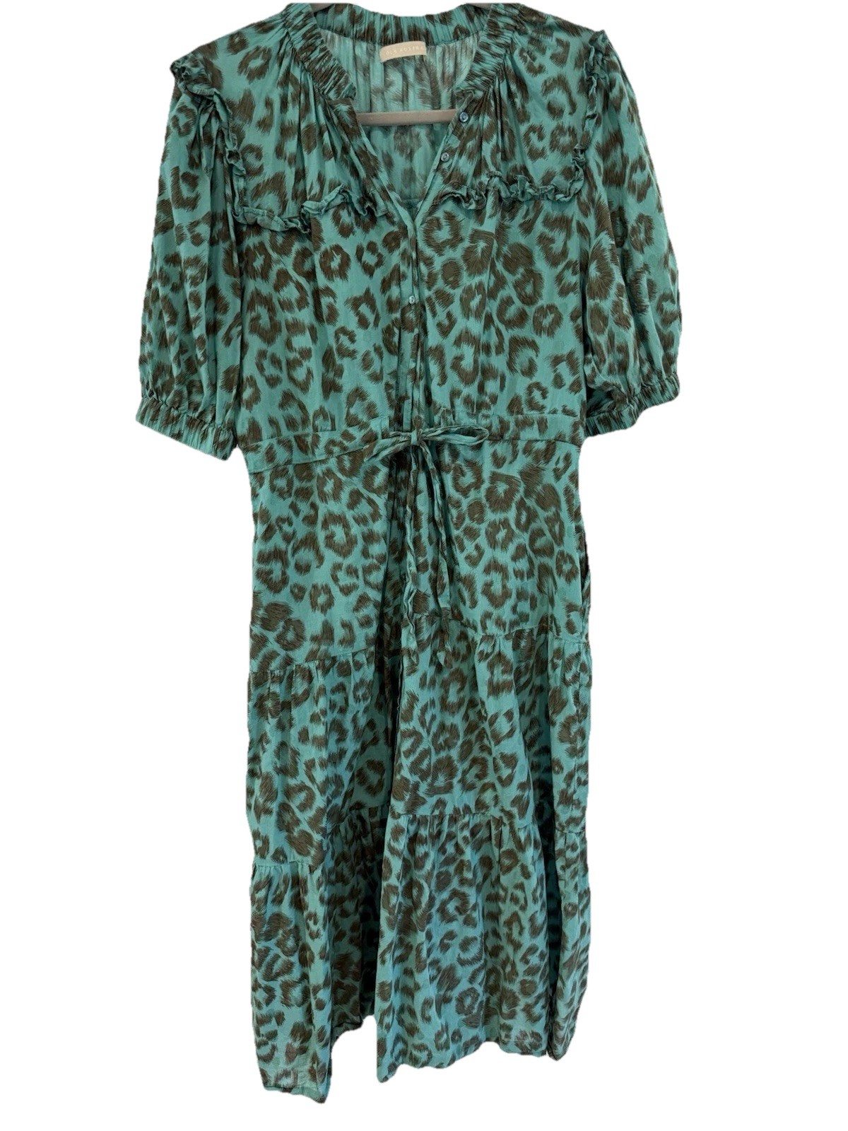 LOLA Australia L Midi Tiered Ruffled Dress Turquoise Green Animal Print