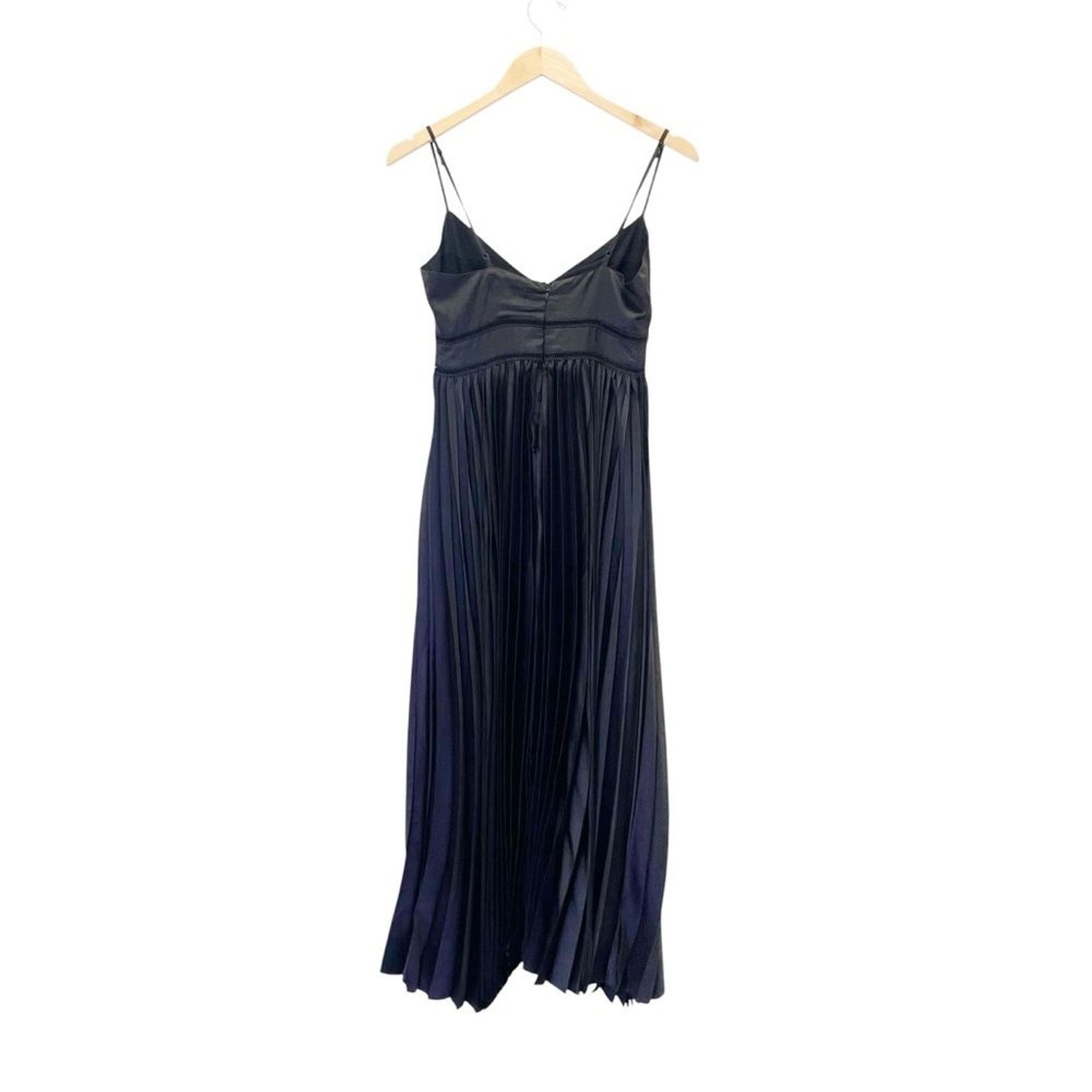 Saks Fifth Avenue Black Satin Pleated Midi Dress Spaghetti Strap V Neck Sz Small