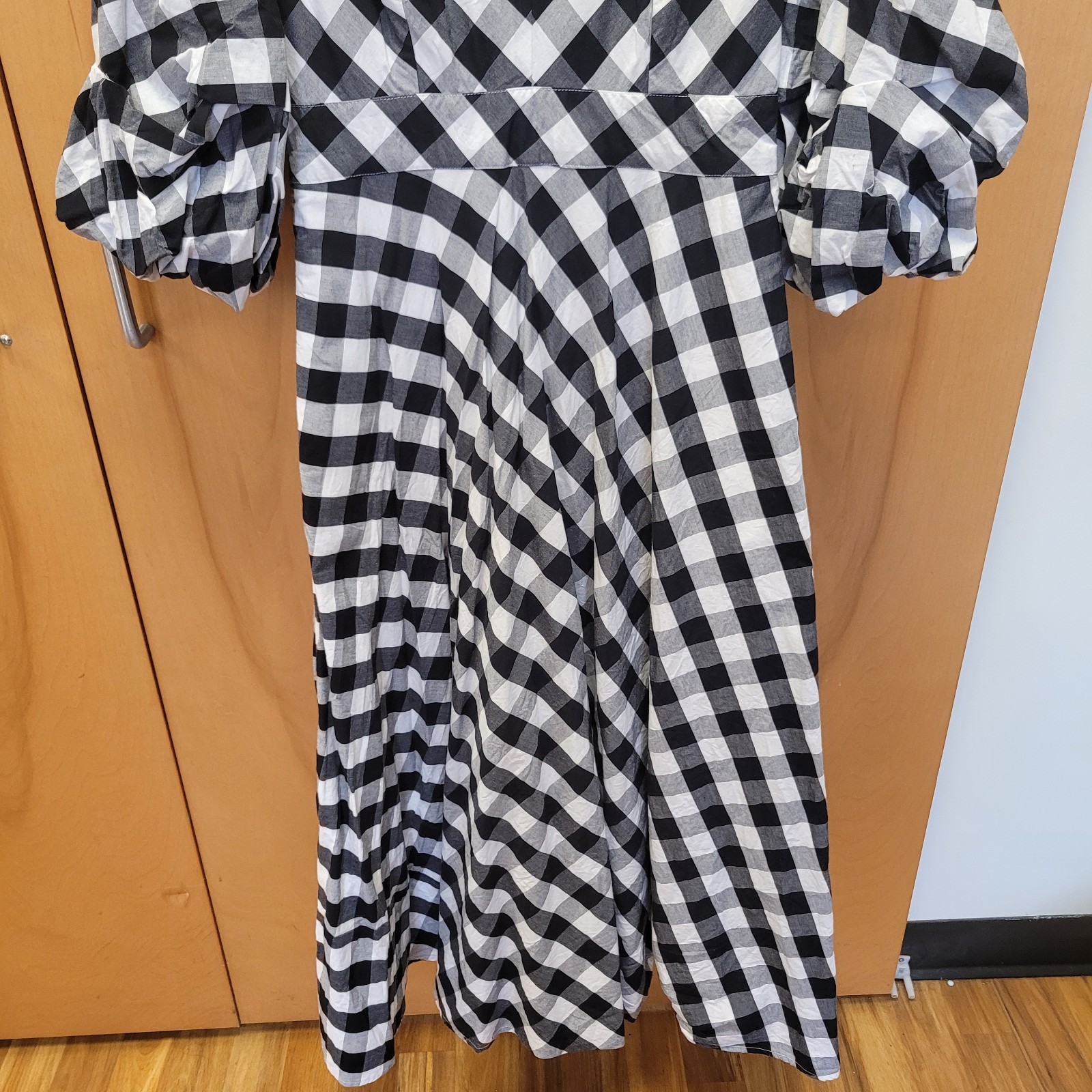 Wayward Fancies Eshakti Dress Medium Black Check Maxi Ruched Bishop Sleeves Boho