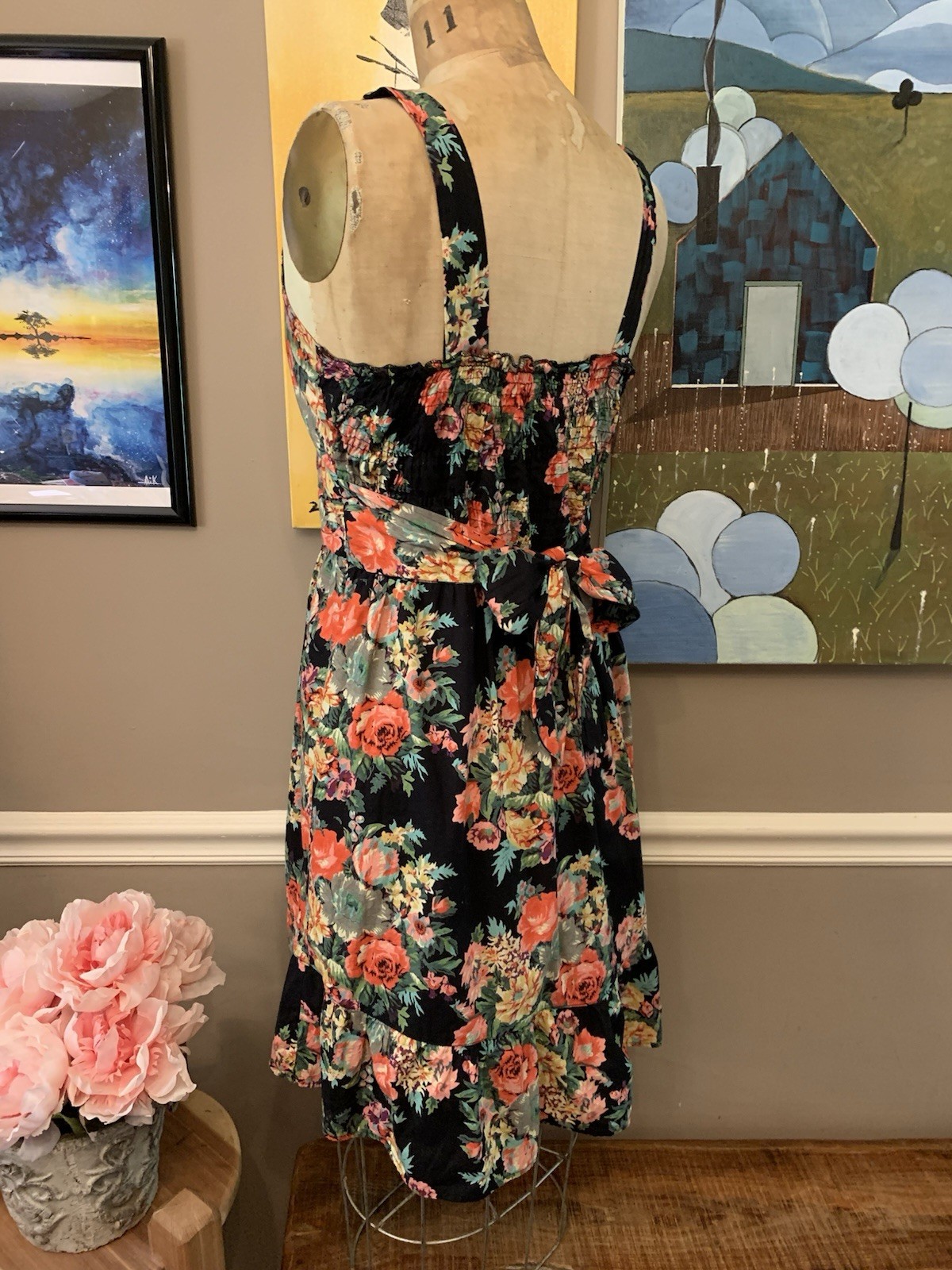 Angie Cotton Black Multi Floral Ruffled Midi Summer Dress L Boho