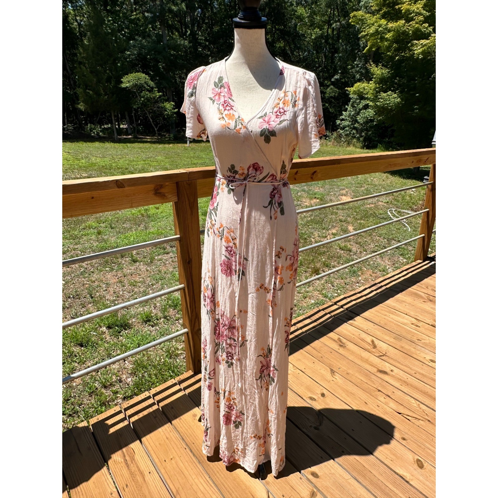 Rokoko Floral Wrap Maxi Dress Cream Pink Flutter Sleeve Size Small Feminine Boho