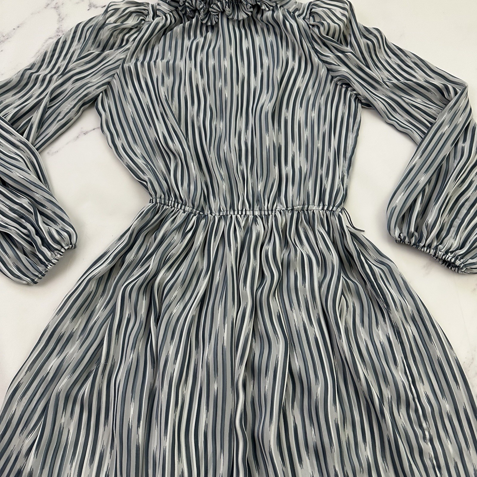 Connections Womens Vintage 80s Blouson Dress Size M Gray Silver Stripe Sheer