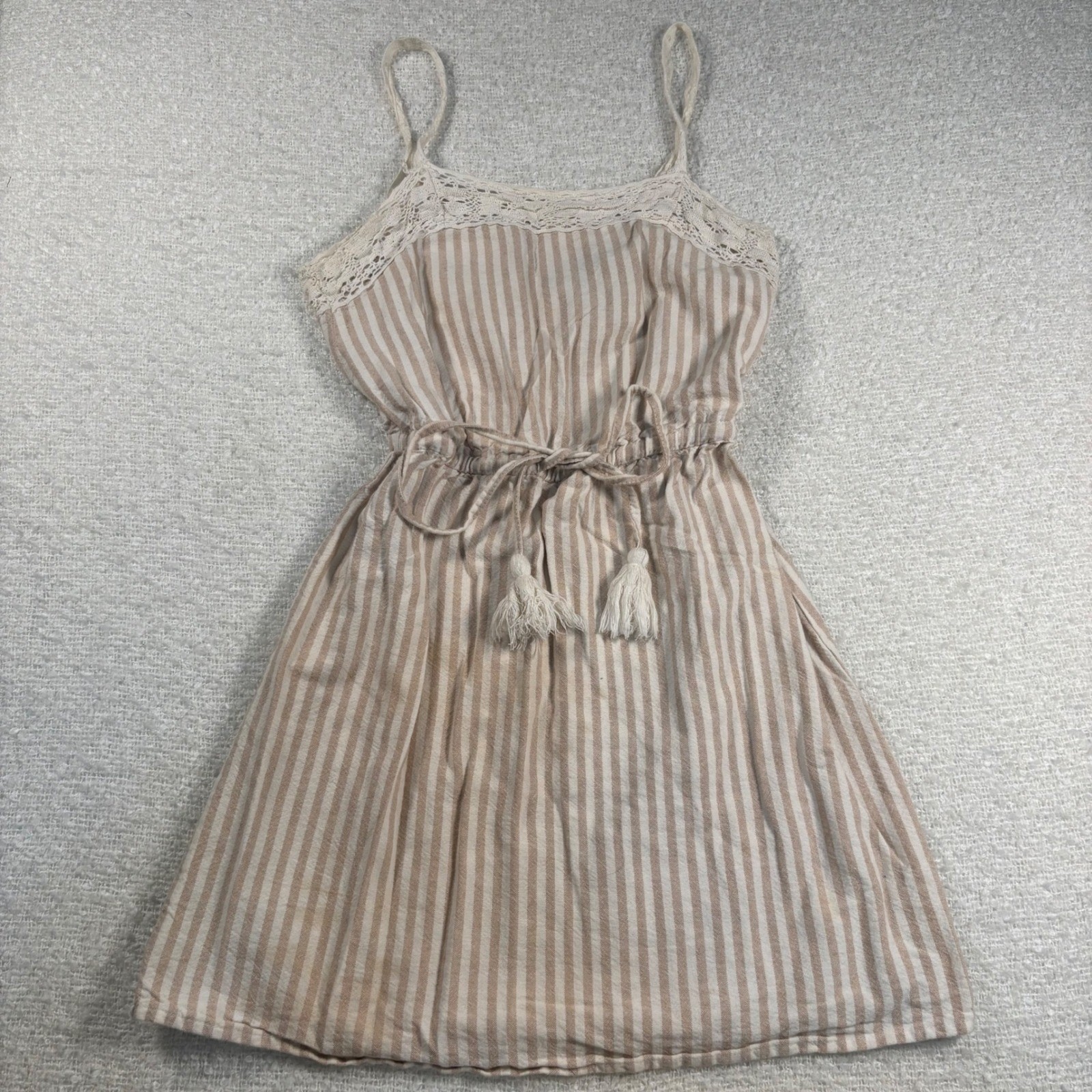 derek heart tan white striped dress crochet lace cottage fairy whimsy boho beach