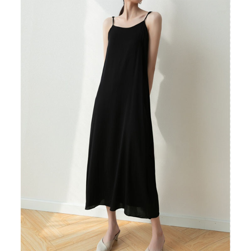 93% Silk 7% Spandex Women Chemise Black Long Type Full Slip Midi Dress MM008