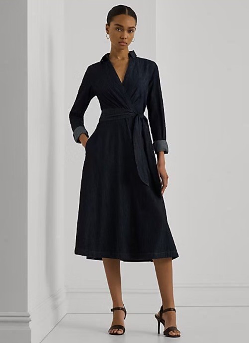 $185 Lauren Ralph Lauren Women’s Denim Midi Dress Self-Belt Long Sleeve Size 2