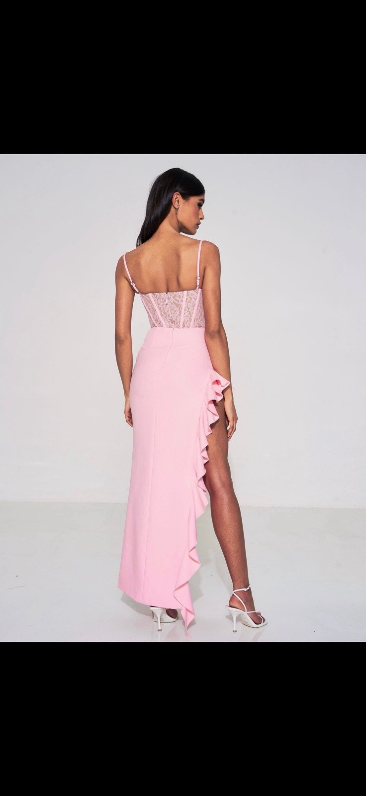 MISS CIRCLE Pink Solid Lace Corset Long Dress Side Slit Ruffle Zip M