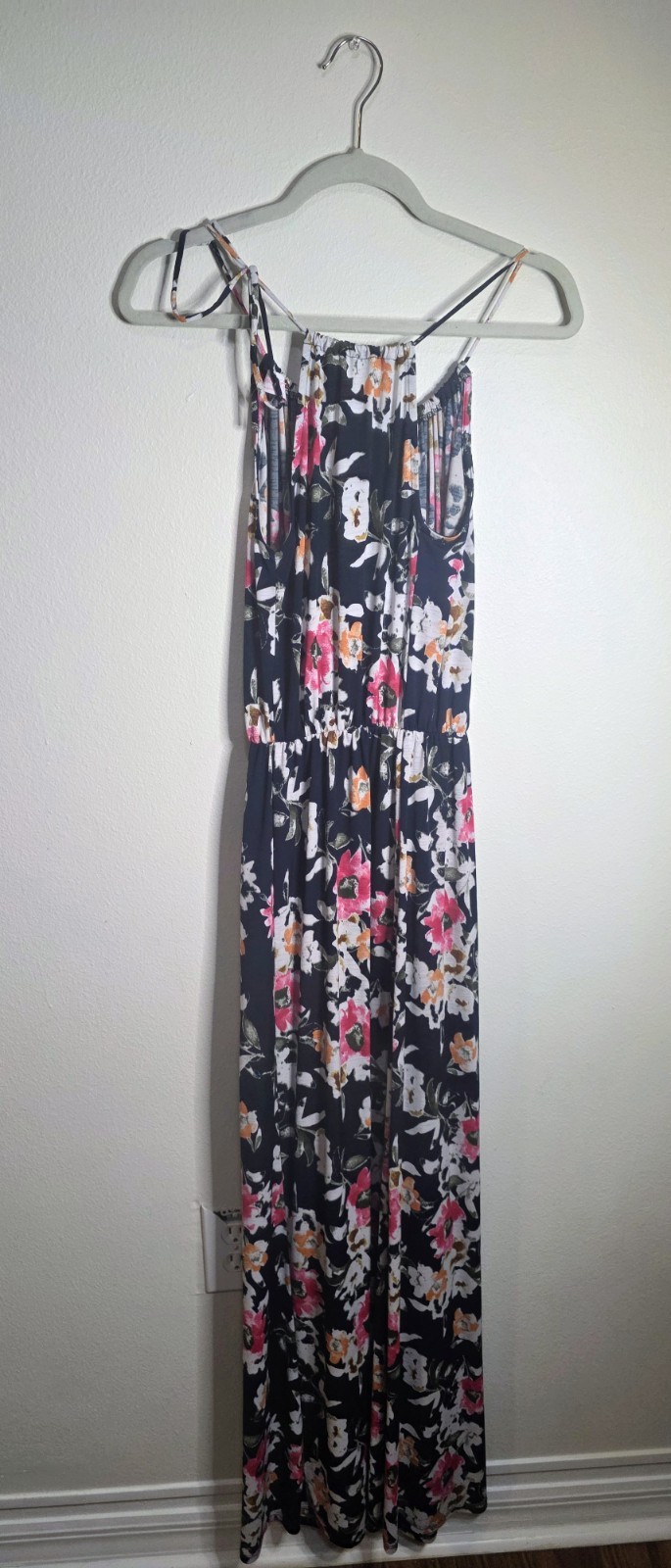Pink Lily Women’s Navy Floral Maxi Dress Scoop Neck Spaghetti Strap Stretch s