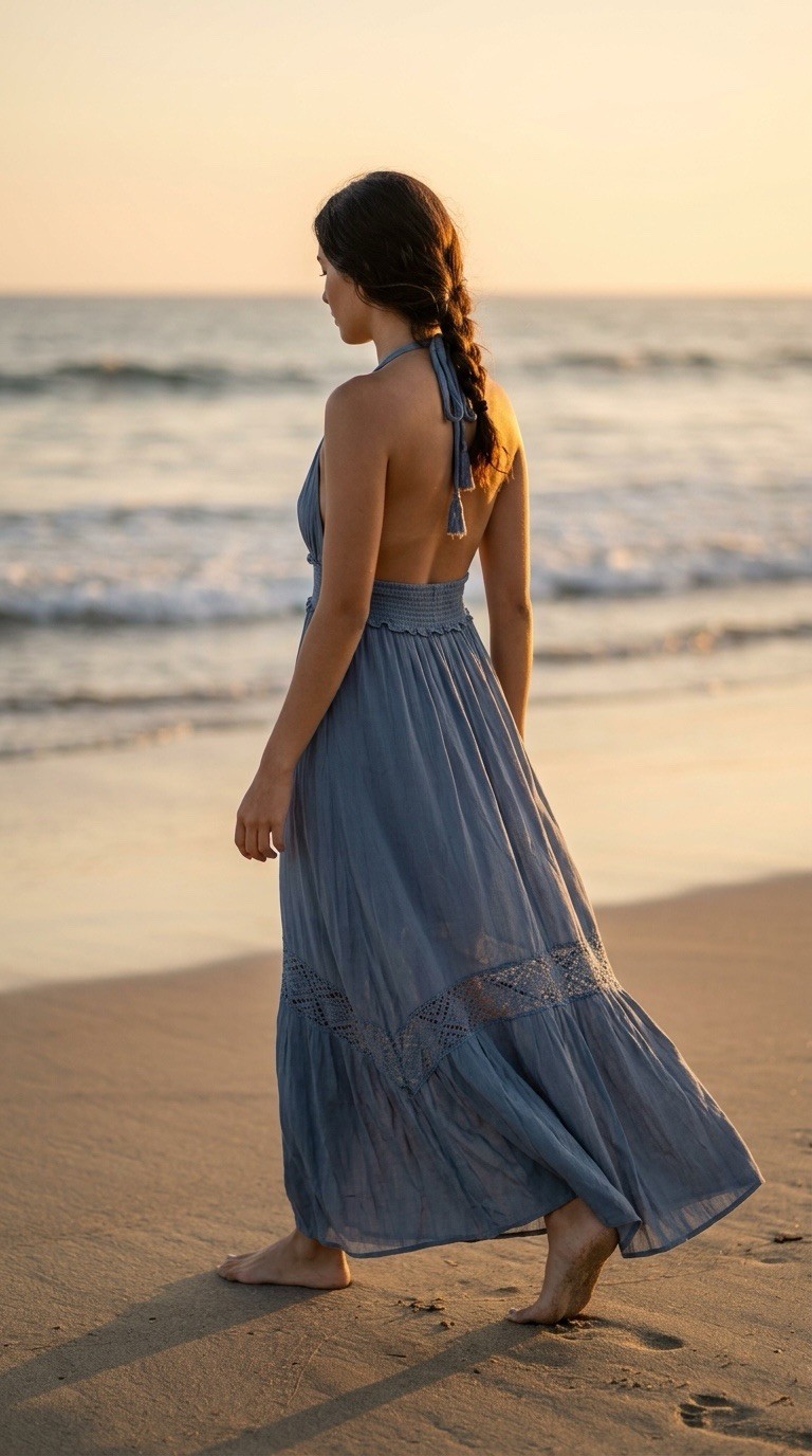 Boho Slate Blue Backless Halter Maxi Sundress – Tassel Tie & Crochet Trim