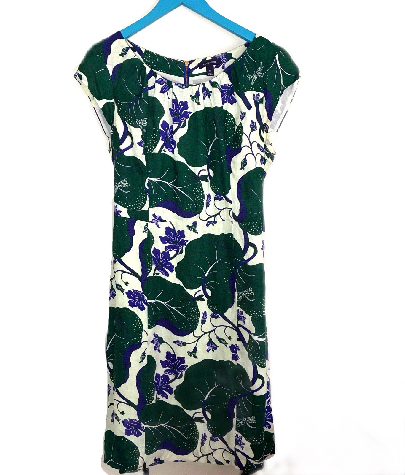 Lands’ End Women’s Floral Print Size 14 Short Leave Green and Purple Midi Dress