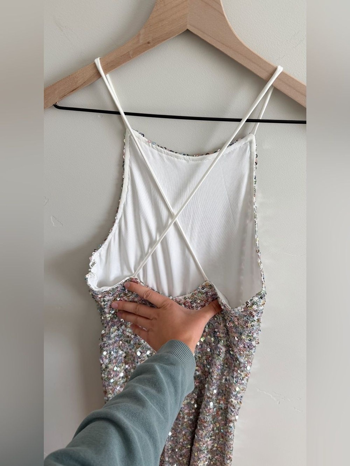 Showpo Halter Neck Cross Back Sequin Maxi Dress in Rainbow Silver