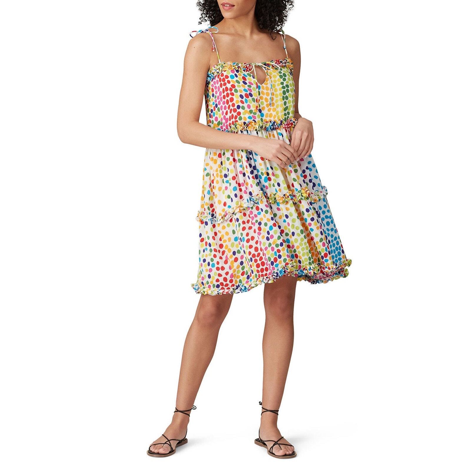 All Things Mochi Blessica Rainbow Polka Dot Print Tiered Silk Mini Dress Sz S