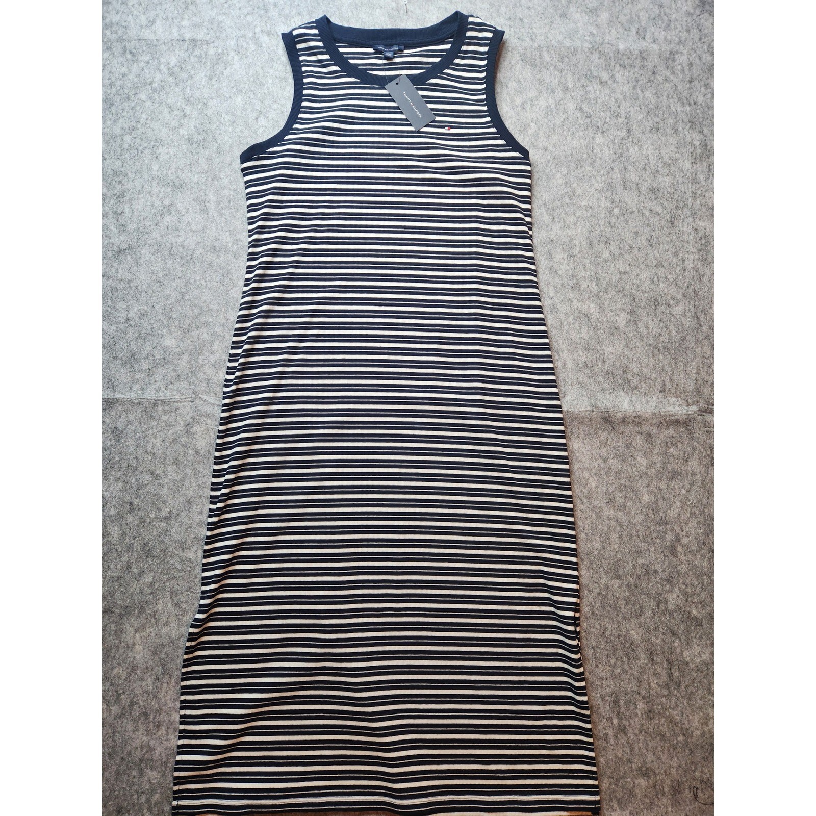 Tommy Hilfiger Womens XL Navy Blue White Striped Sleeveless Midi Tank Dress