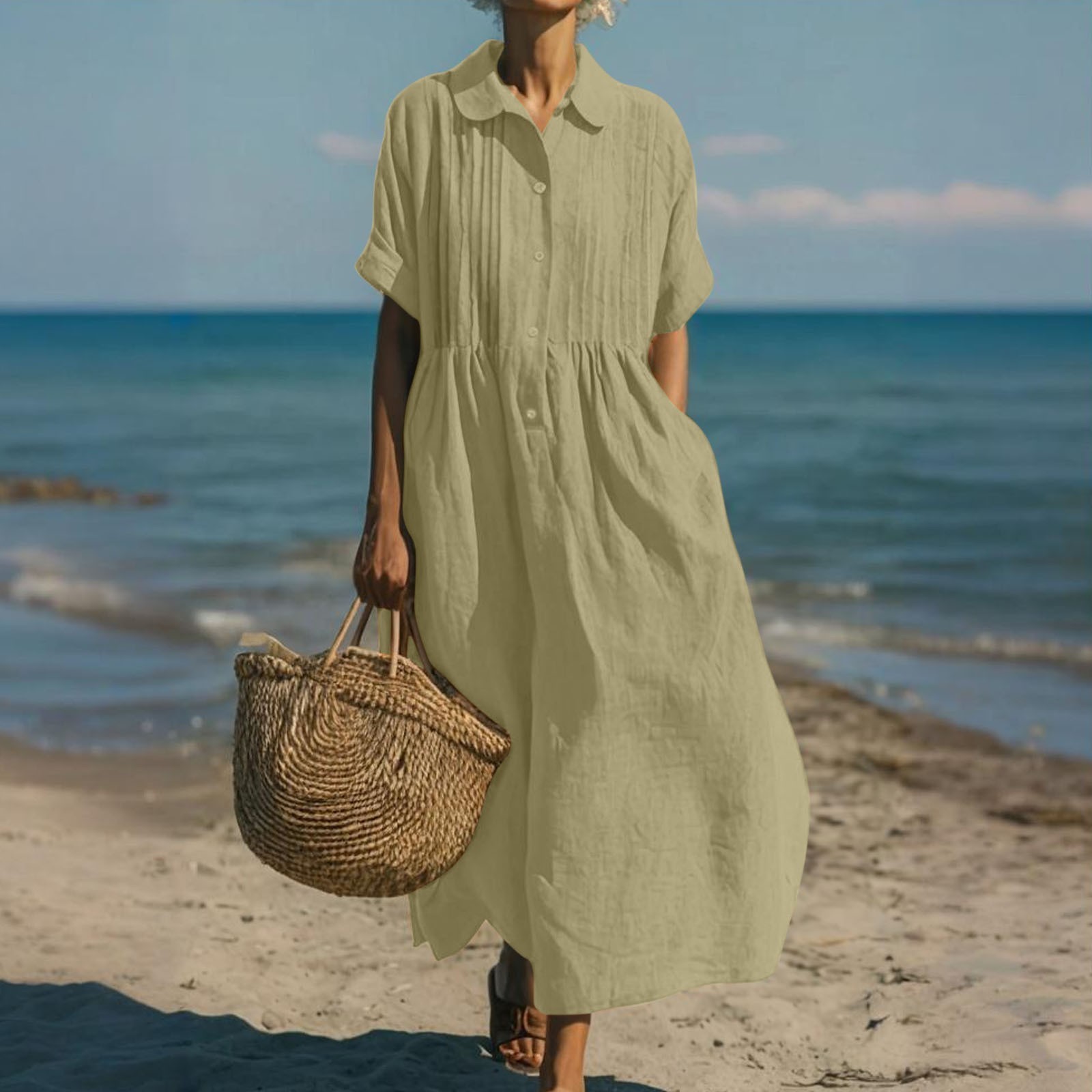 Ladies Loose Pleated💐Linen Cotton Pocket Summer Beach Baggy Kaftan Long Dress