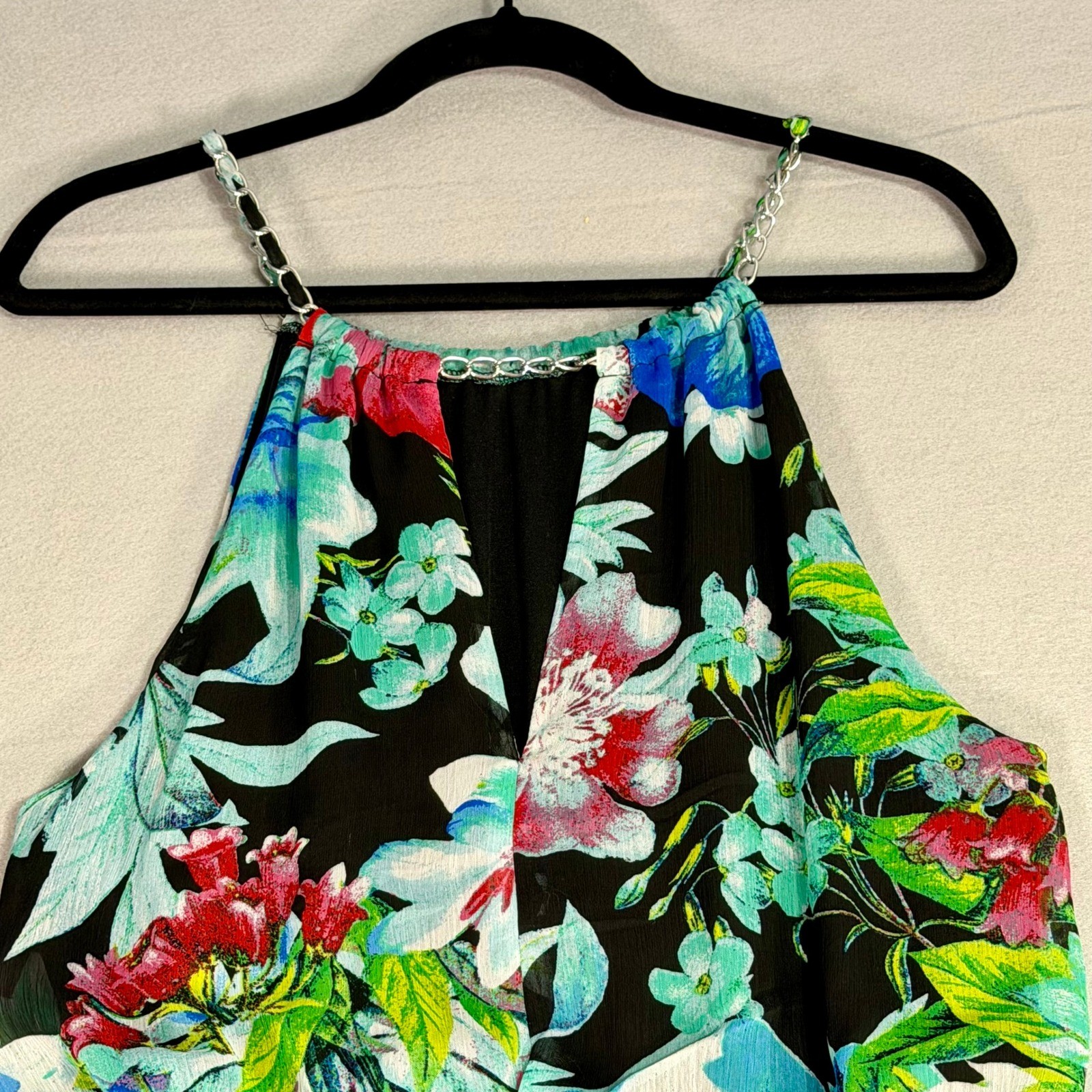 Connected Apparel Halter Midi Sundress 12 Floral Chain Straps Tropical Chiffon