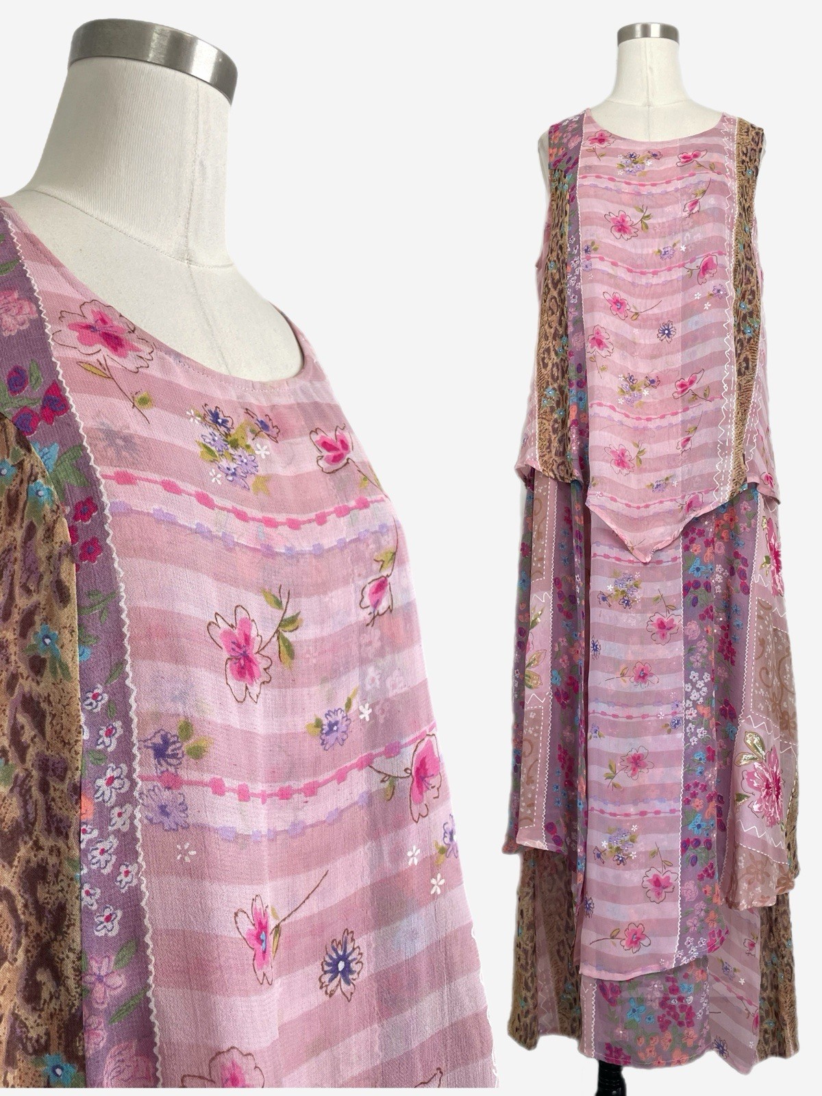 Vintage Y2K Phool Pink floral leopard patchwork layered maxi dress boho fairy M