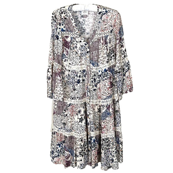 Crochet Floral Tiered Mini Dress Womens XS Peasant Cottagecore Feminine Beachy