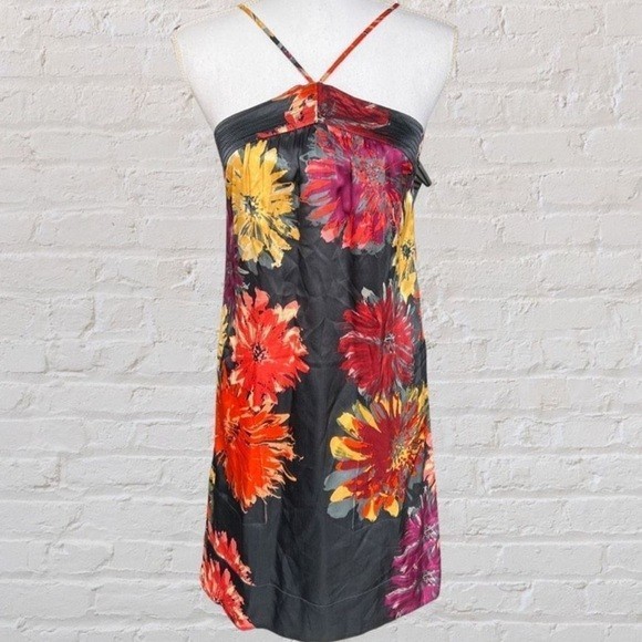 Martin + OSA Y2K 100% Silk Black Orang Purple Floral Halter Retro Mini Dress L