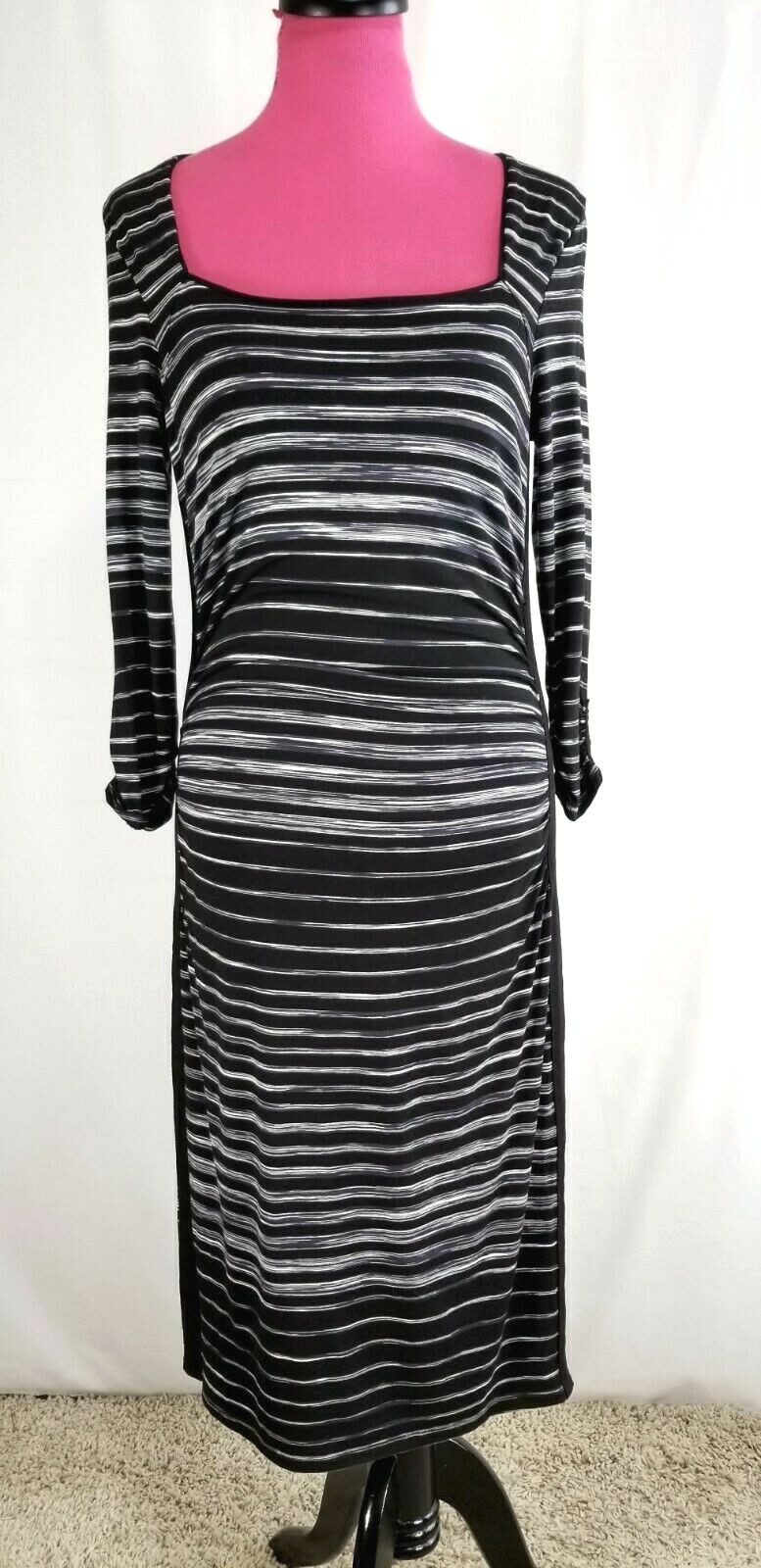 White House Black Market Dress Size M Black White Striped Ruched Square Neckline