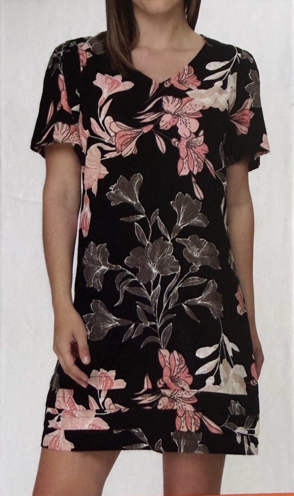 Black Dress Floral A-Line (38 inches Long) with Pink & Cream Blooms