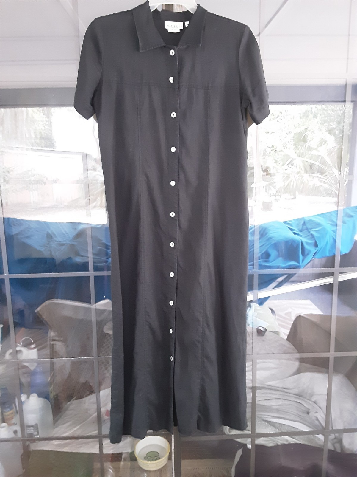 Match 100% Linen Maxi Dress Sz Med. Women’s Black Full Button Made USA Lagenlook