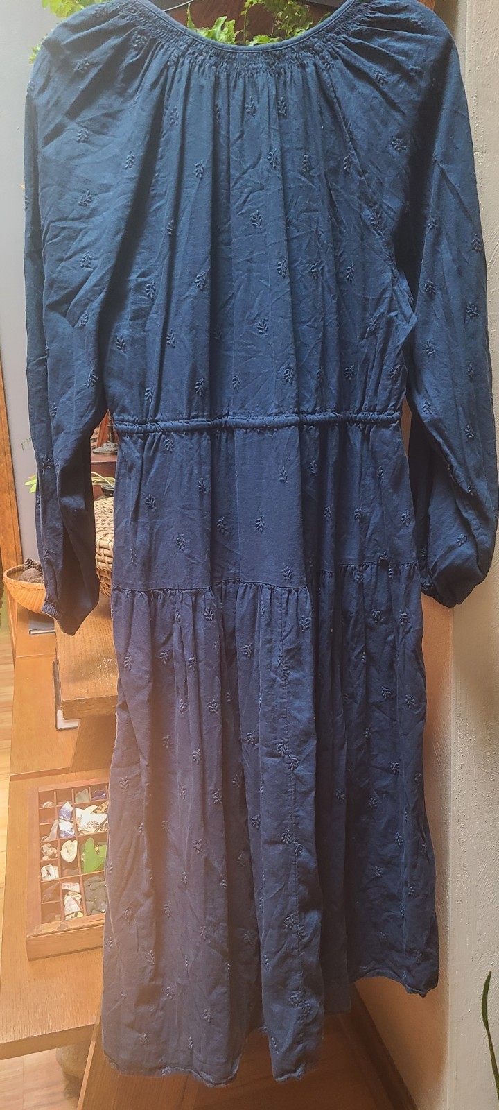 Blue Boho Peasant Midi Dress Long Sleeve Cotton Blend Tassles Embroidered Sz M