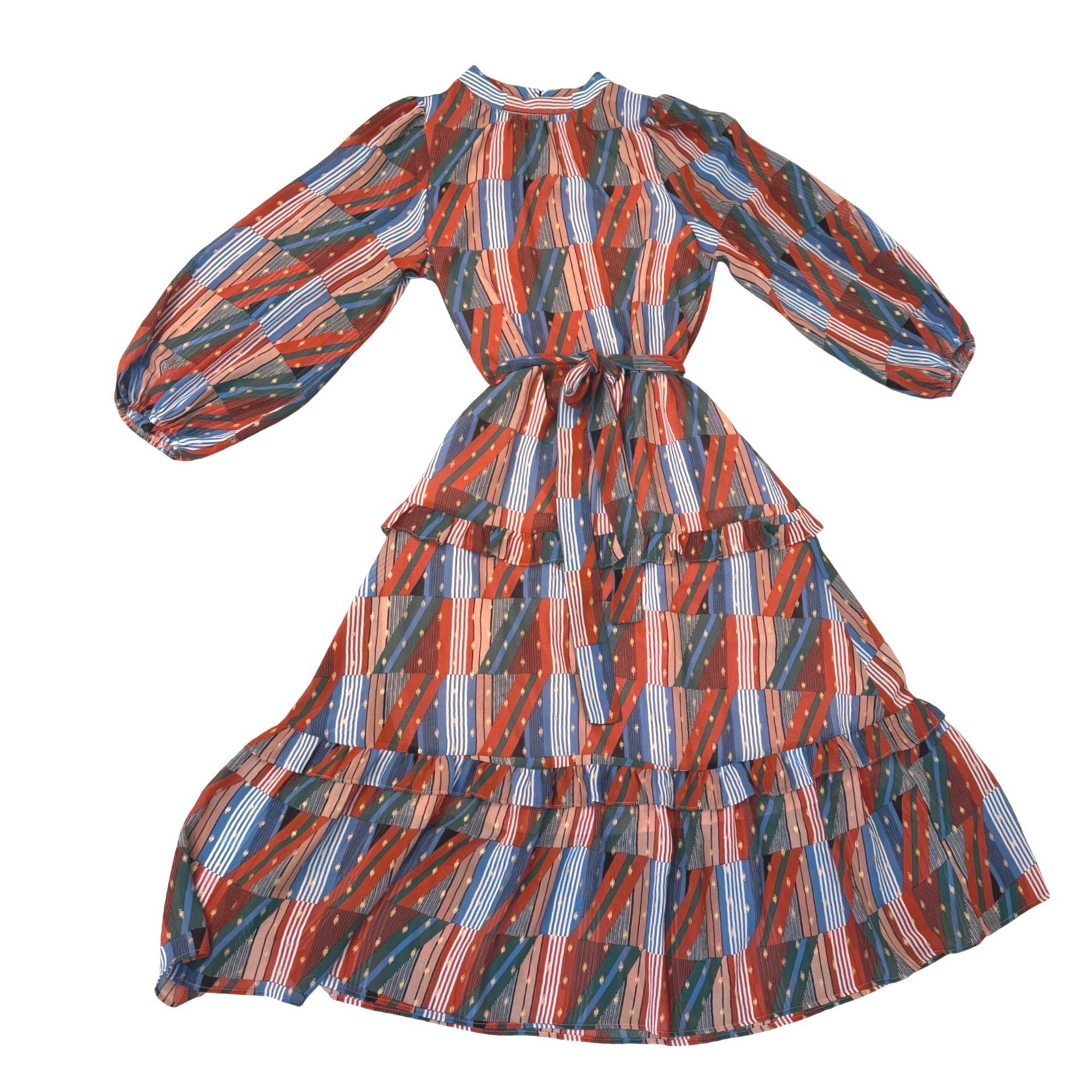 Joy Joy Adele XL Multi Striped Patchwork Tiered Maxi Dress Mock Neck Indie