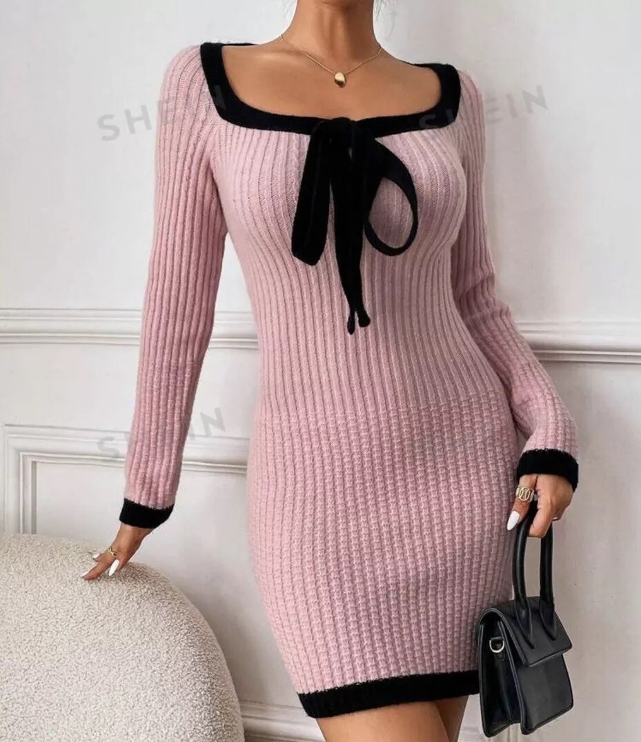 SHEIN Frenchy Soft Pink Contrast Trim Mini SWEATER DRESS Size Small SPRING Bow