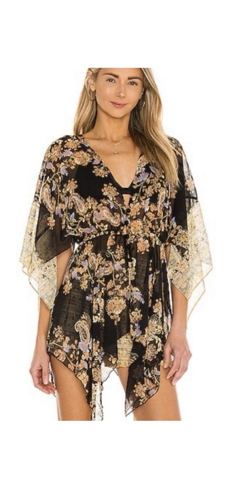 Free People Dream State Set Black Combo Yellow Floral Boho Smocked S NWOT $148