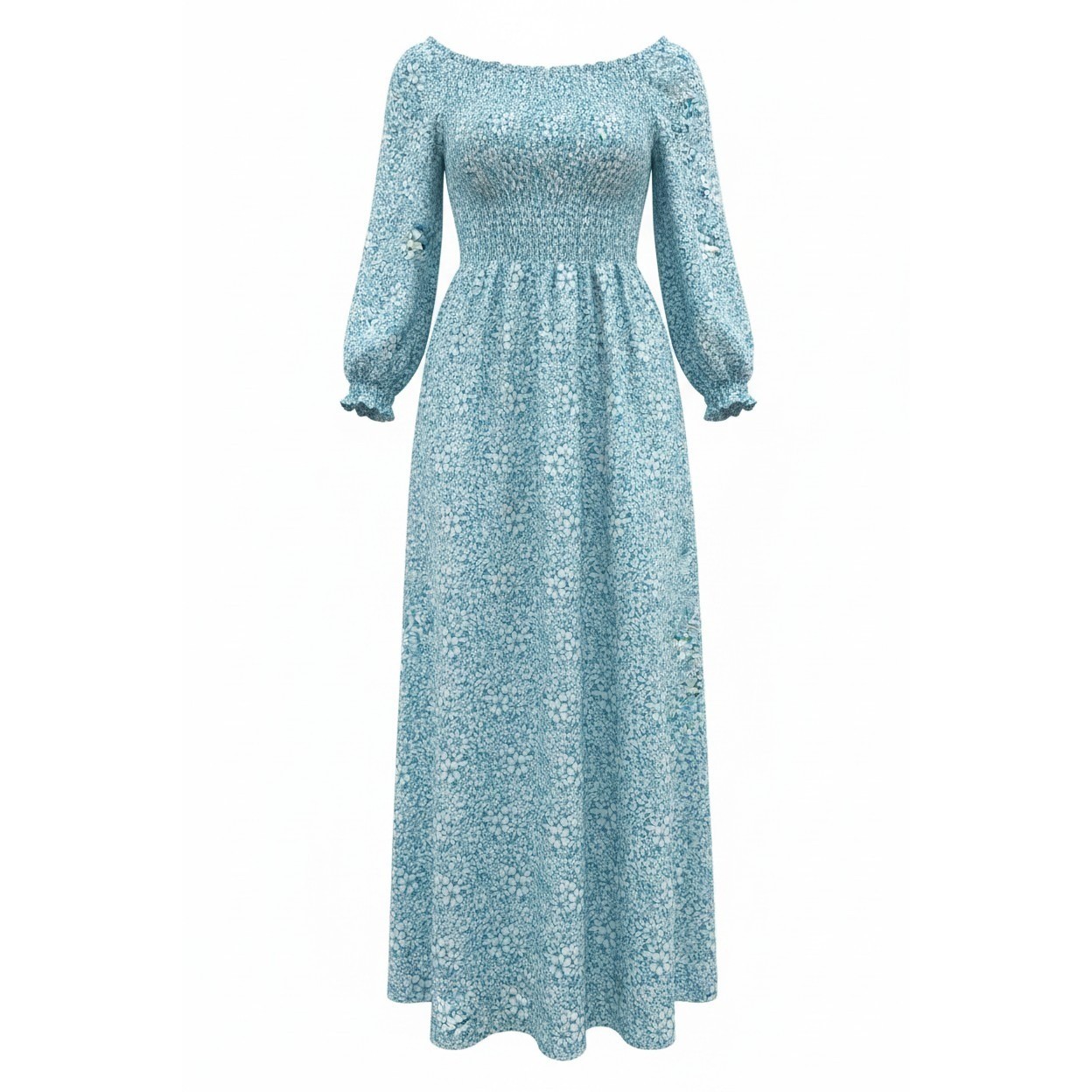 Velvet Torch Maxi Dress Small Blue Floral Smocked Square Neck Long Sleeve Boho
