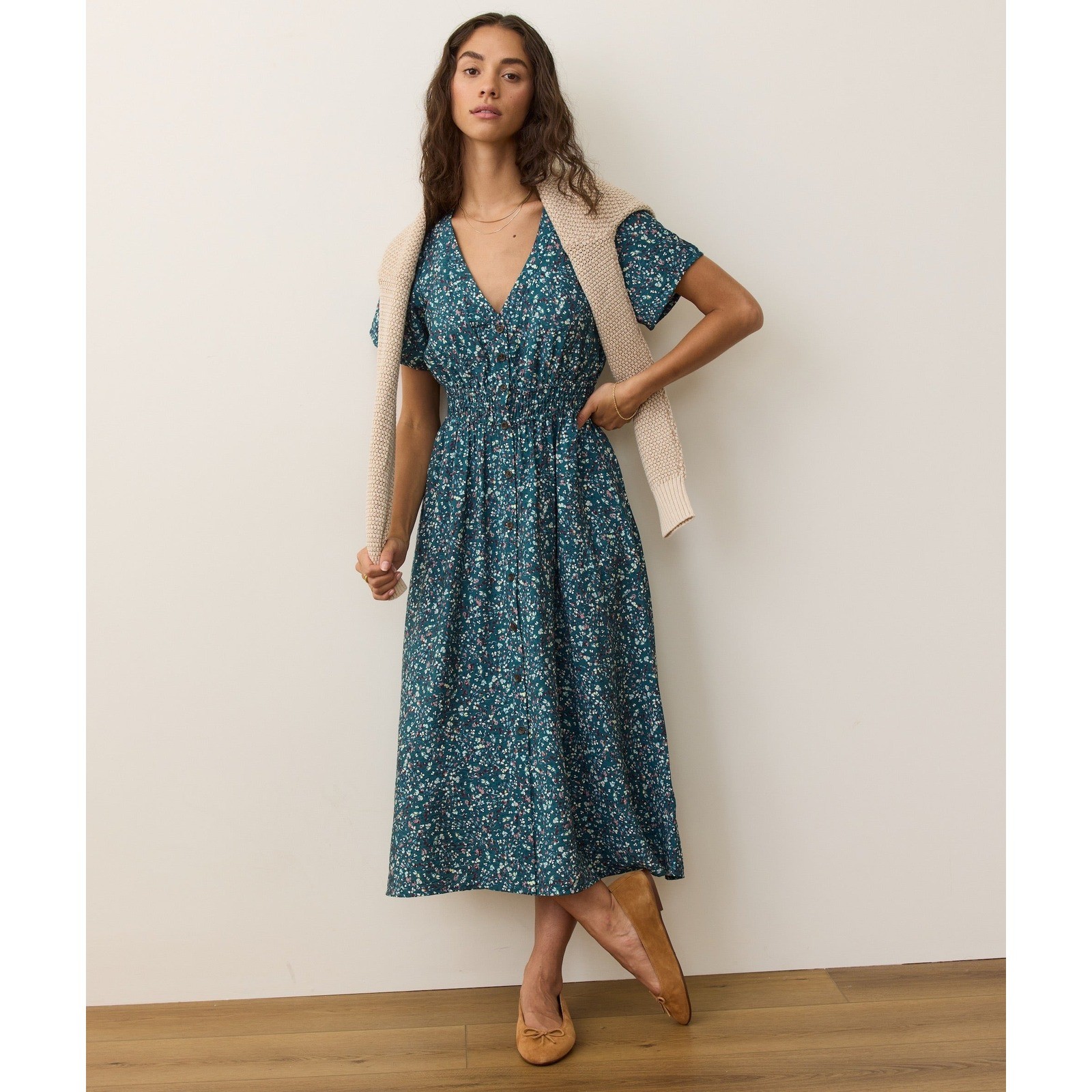 Marine Layer Annika Floral Button Front Midi Dress Green Tencel XS Smocked Waist
