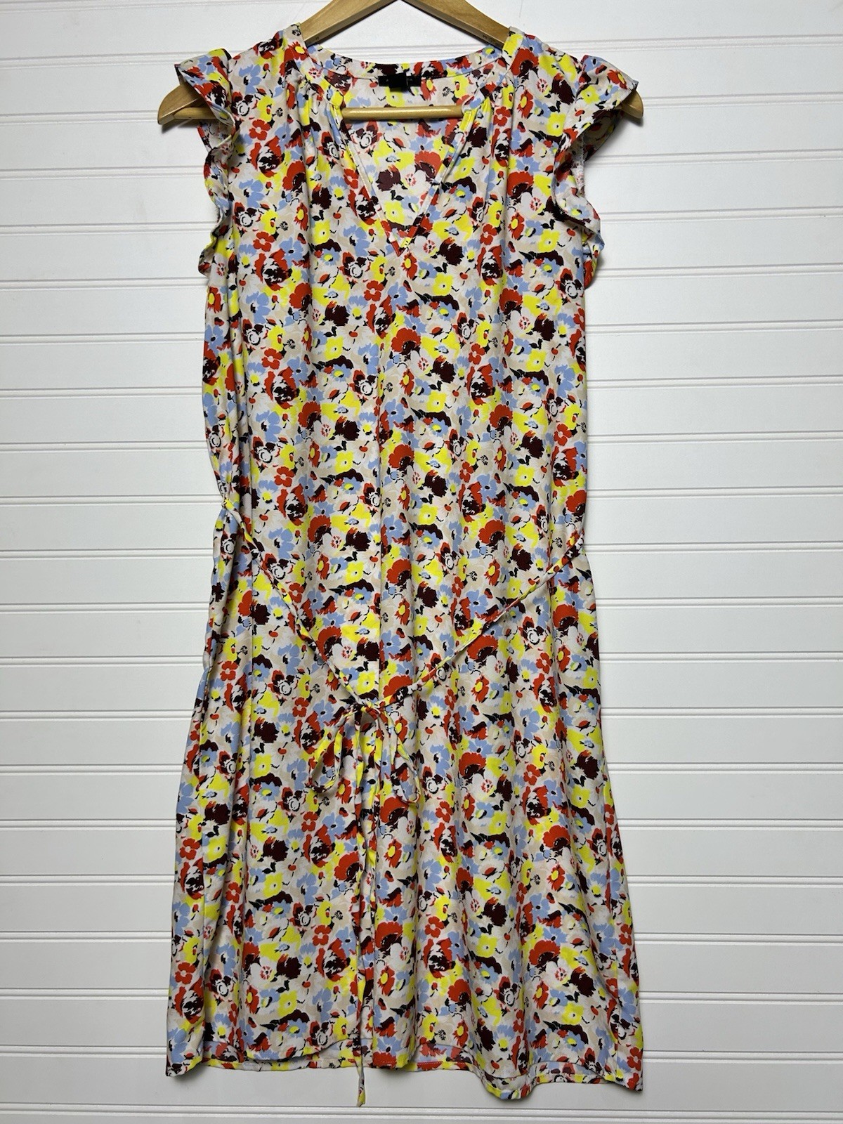 Ann Taylor Factory Women’s Midi Floral V-Neck Dress Ruffle Cap Sleeve, Sz Small