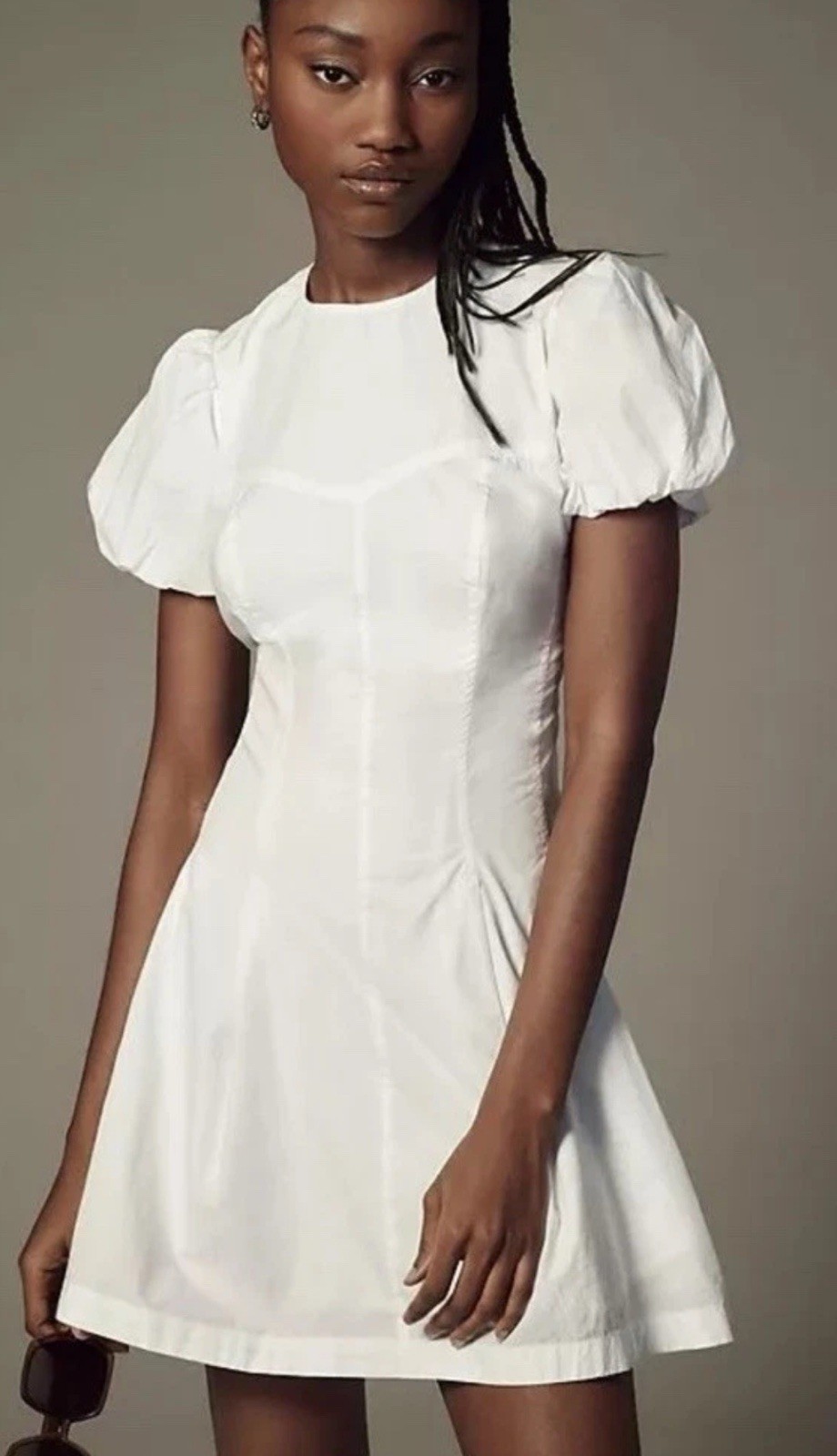 Anthropologie Maeve Puff-Sleeve White Mini Dress Size L Baby Doll Coastal Party