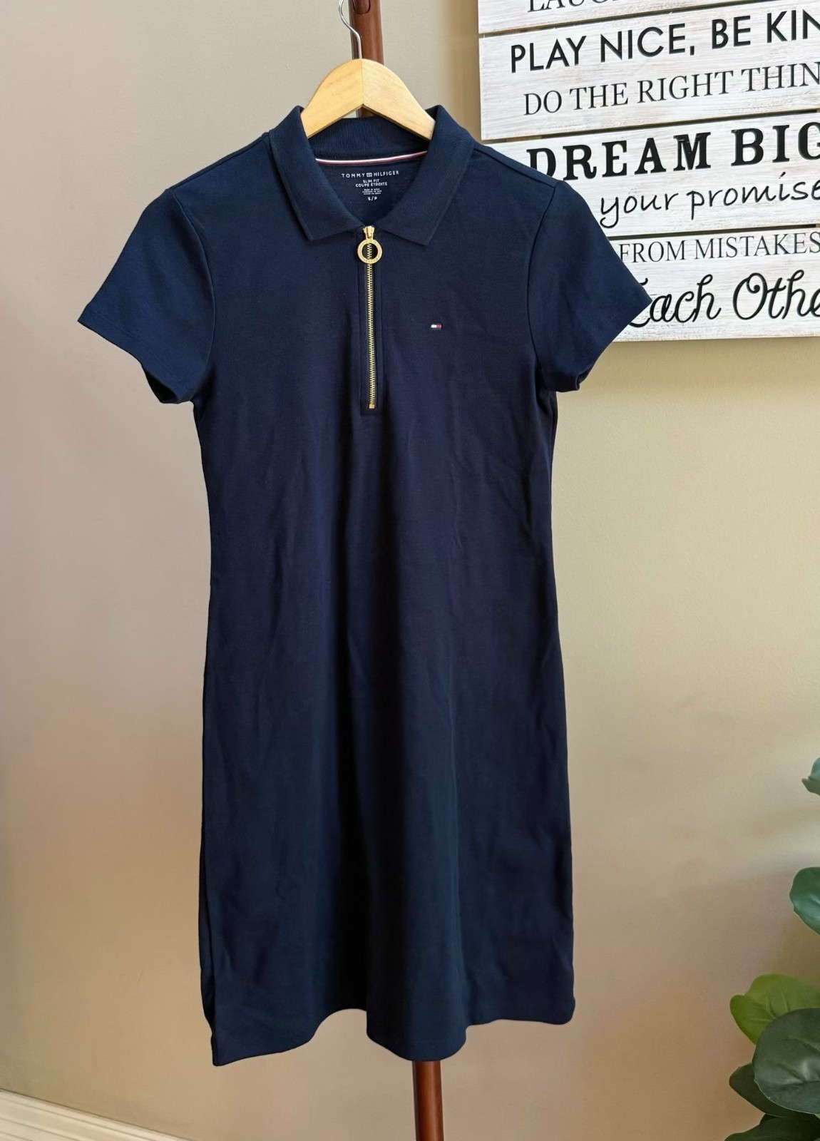 Tommy Hilfiger Navy Knit 1/4 Zip Polo Dress Short Sleeve Embroidered Flag Slim