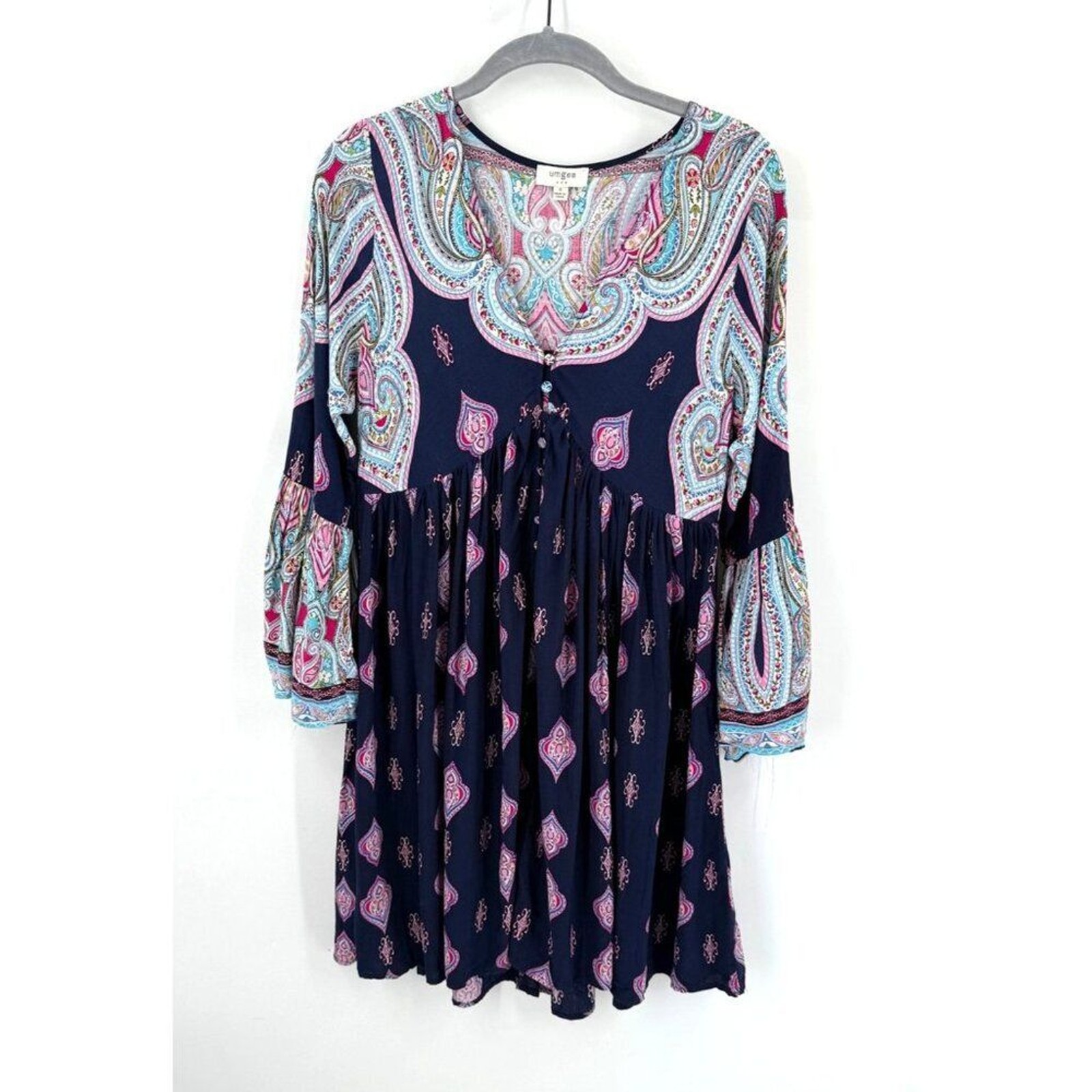 Umgee Womens Paisley Tunic Dress Size Small Blue Bell Sleeves Cotton Blend