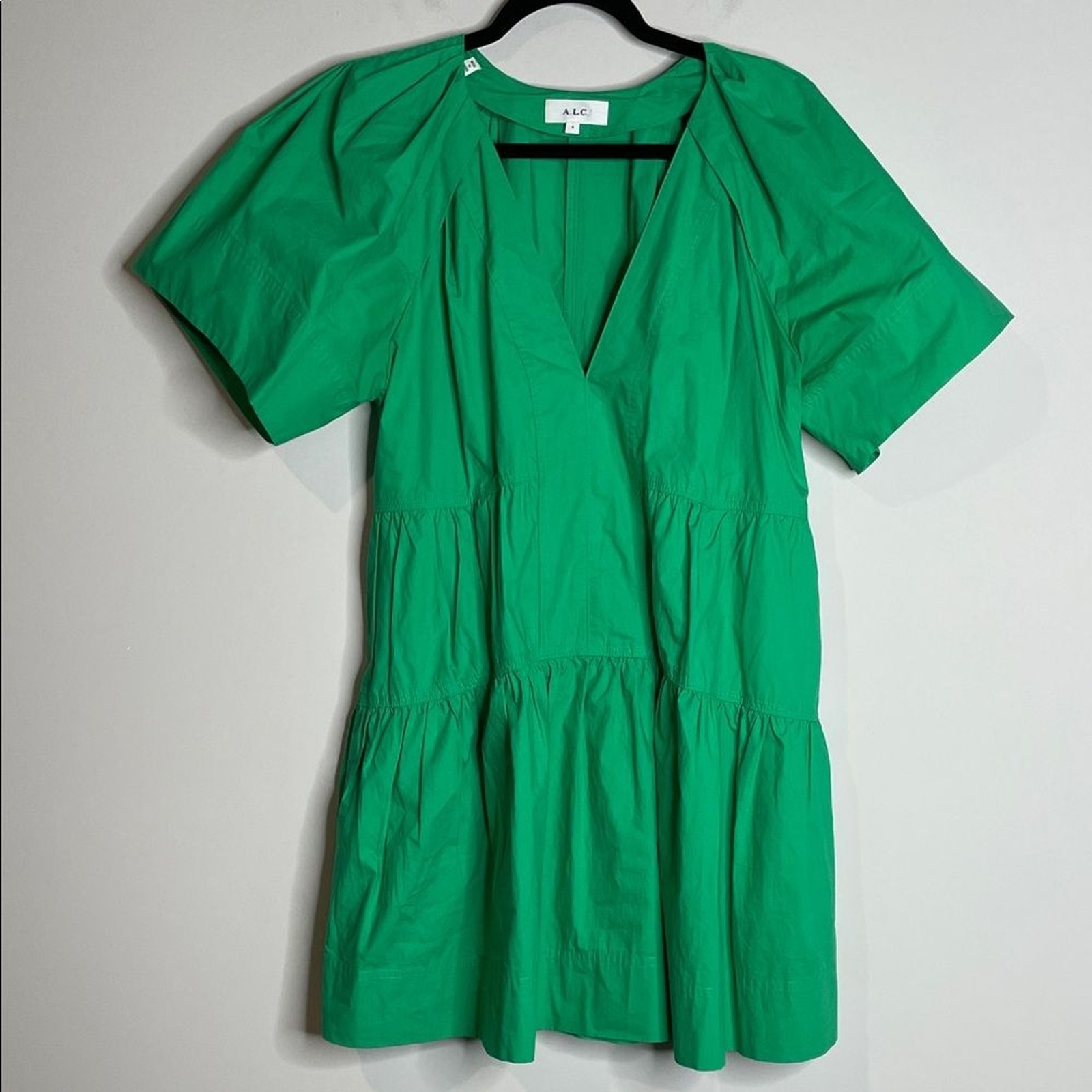 A.L.C. Women’s Camilla Emerald Green Tiered V-Neck Cotton Dress Size 8