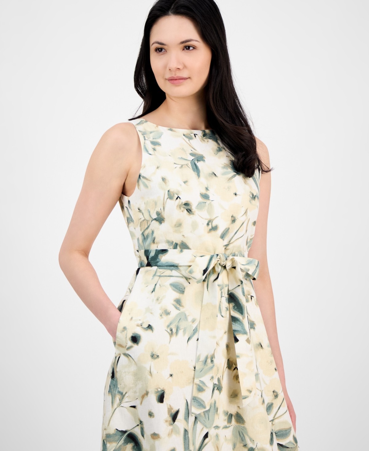 Anne Klein Linen Blend Floral-Print Tie-Waist Dress Women’s 12 White Dove Multi