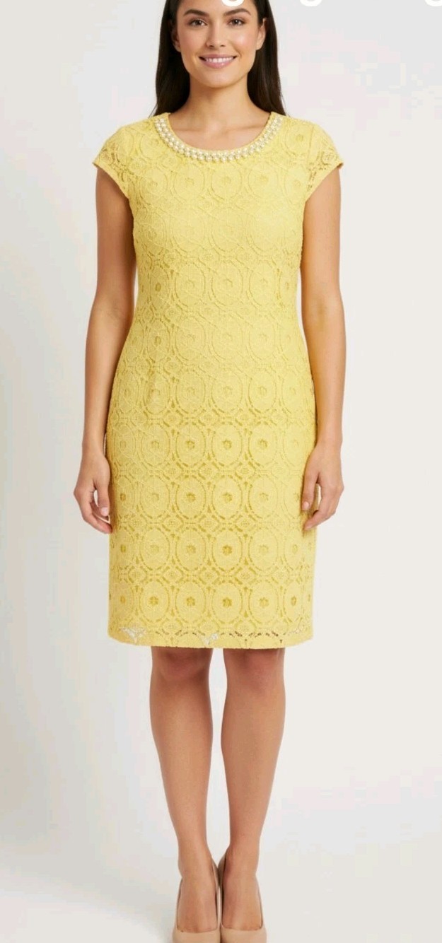 Sandra Darren Sz 16 Yellow Lace Sheath Dress At Knee Spring Easter